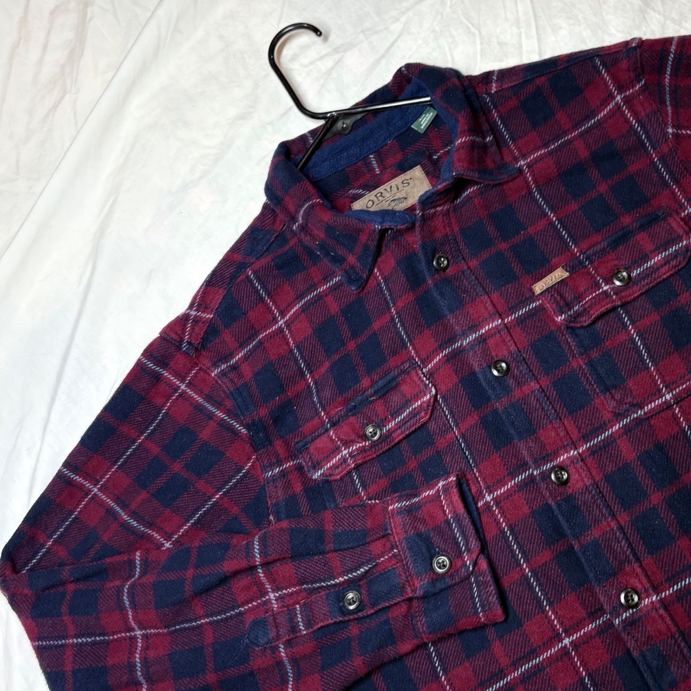 ORVIS Mens Red Navy Plaid Thick Flannel Long Sleeve Button Up Shirt Size L‎